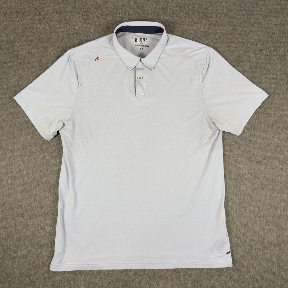 Rhone Polo Shirt Mens Medium Blue Stripe Lightweight Performance Knit Casual
